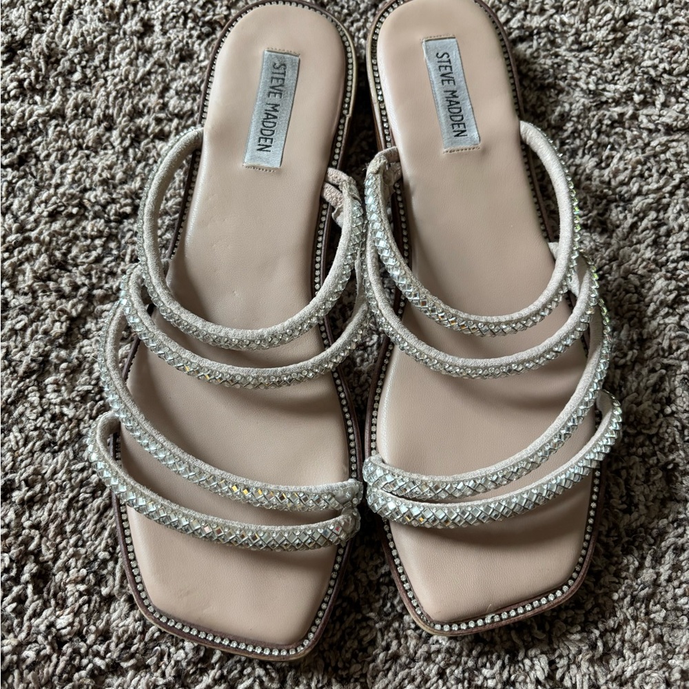 Steve Madden Beige Crystal Multi-Strap Slide Sandals